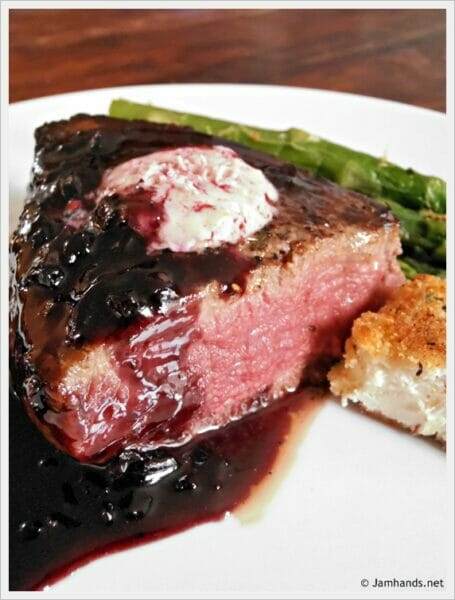 Filet Mignon with Red Wine Boysenberry Reduction and Fried Goat Cheese Rounds