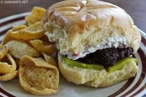 Burgers with Zesty Cream Cheese Pimento Spread