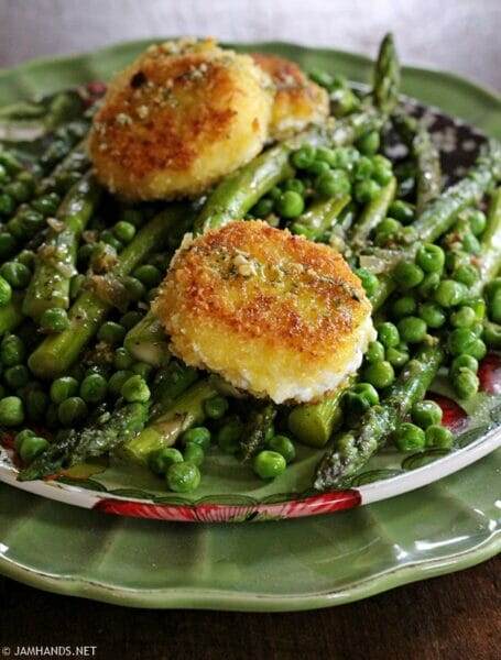 Asparagus, Peas and Onions with Basil Dressing and Goat Cheese Croquettes