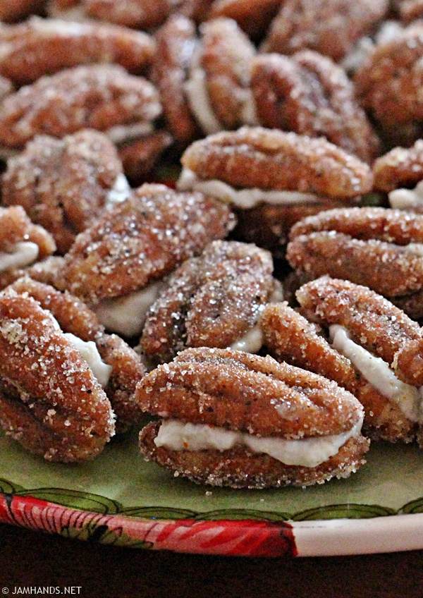 Serving tray filled with Sugared Pecans Stuffed with Gorgonzola Filling.