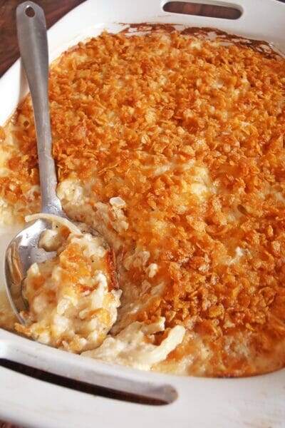 Cheesy Hashbrown Casserole with Cornflake Topping