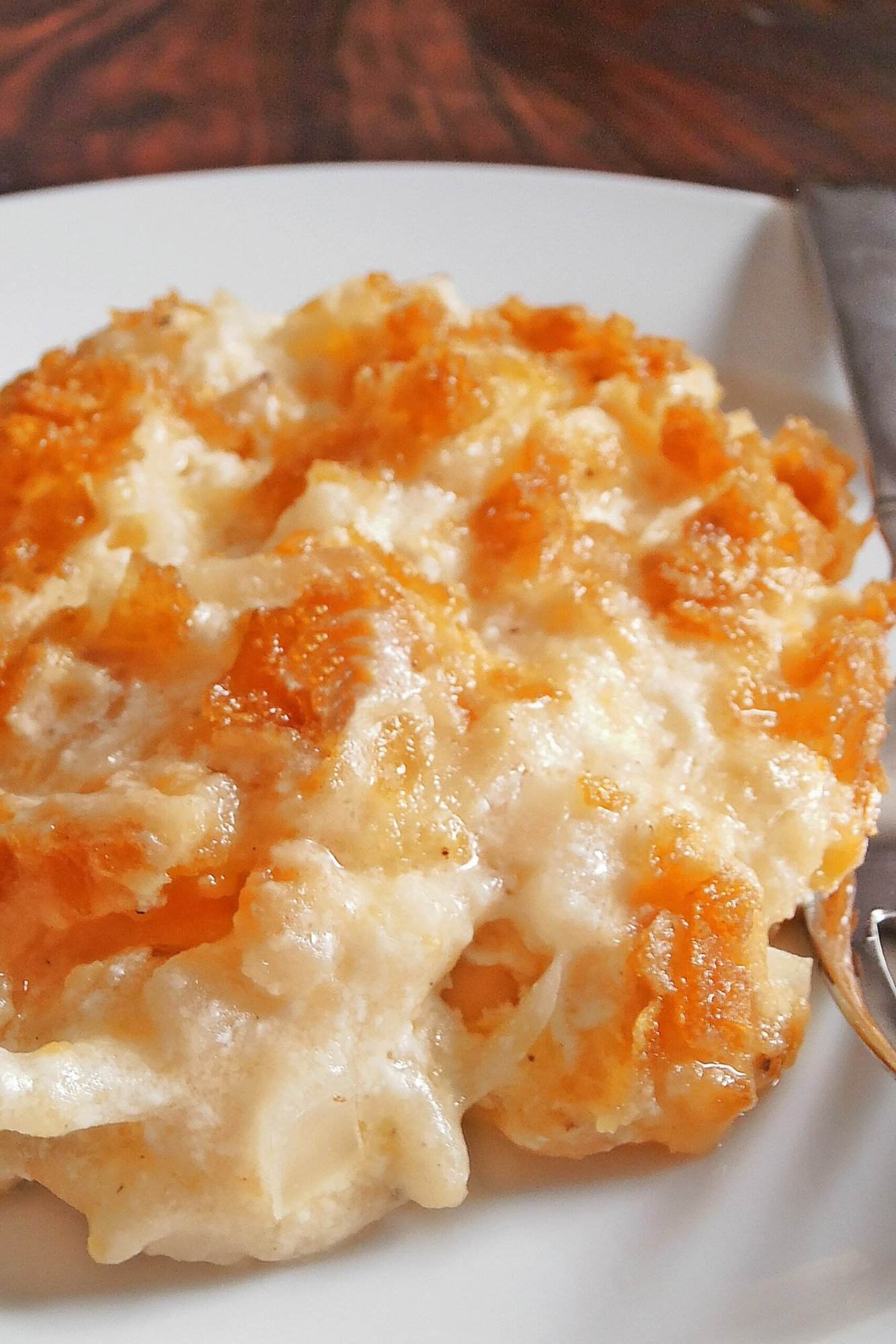 Cheesy Hashbrown Casserole with Corn Flake Topping