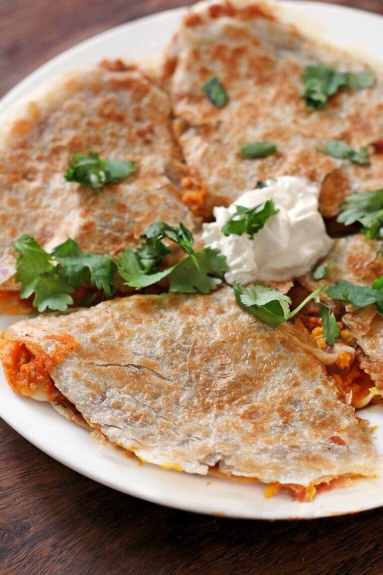 Garlicky Sweet Potato, Black Bean and Cheese Quesadillas