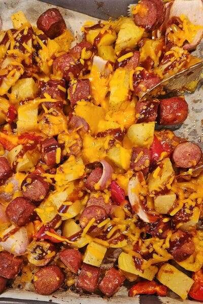 Easy Cheesy BBQ Kielbasa with Roasted Potatoes