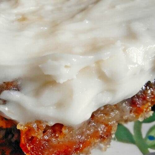 Close up of Date Cake with Cream Cheese Frosting